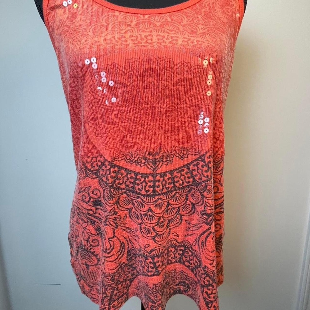 Cato orange sequin tank top with black design. Size XL
